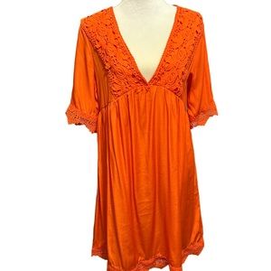 Embroidered Lace Hem V- neck mini dress orange with lace hem sleeves